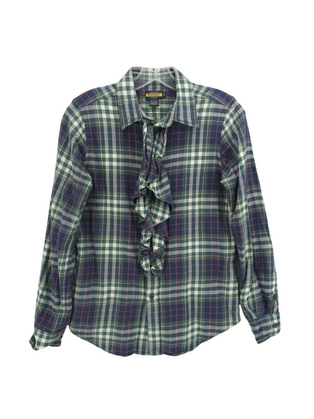RUGBY Ralph Lauren Women's Button Up Shirt Ruffled Front Plaid Size 4